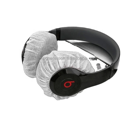 Tutup headphone kain non tenunan putih sekali pakai dengan desain kait telinga pelindung
